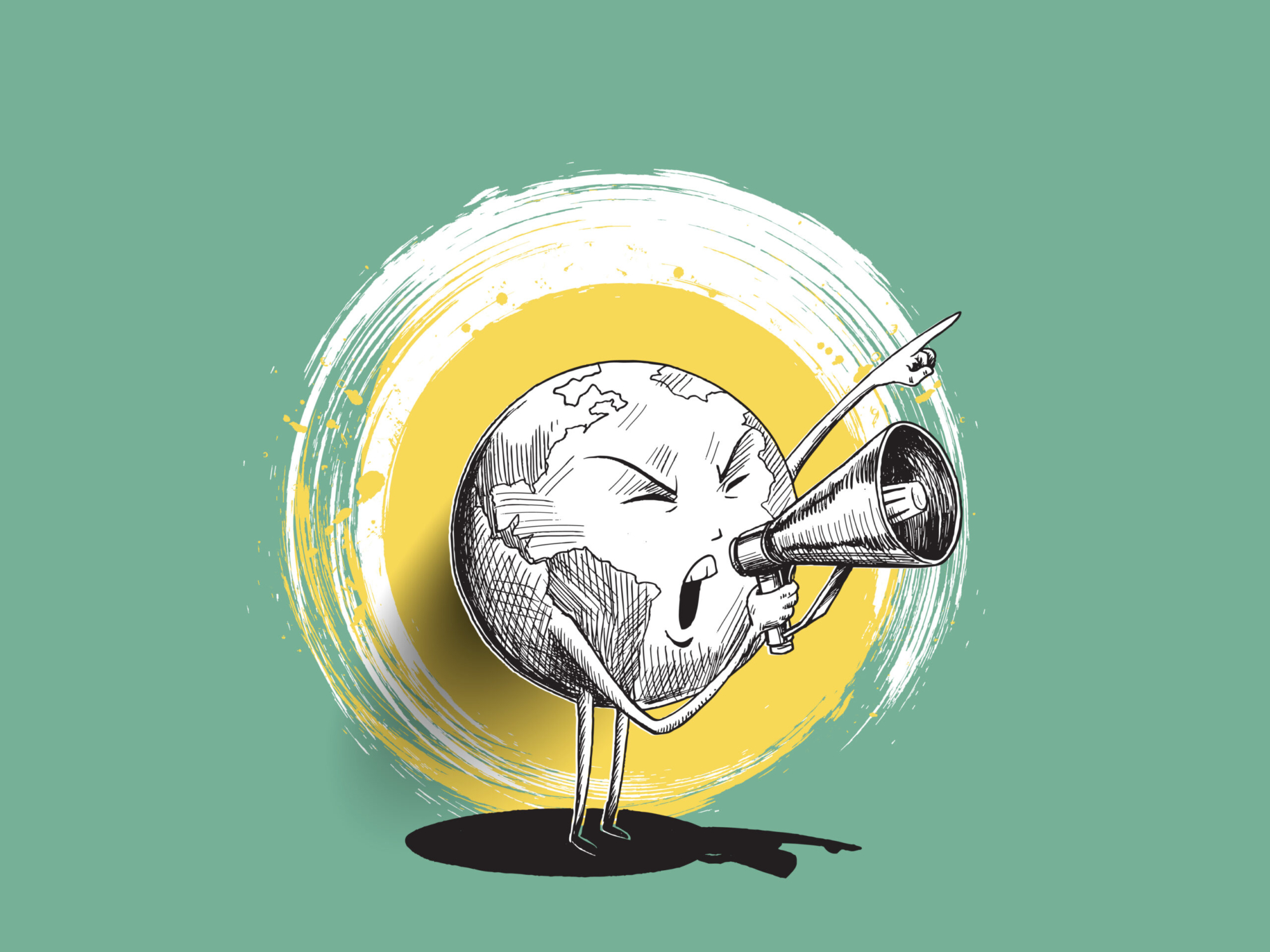 Earth hand holding megaphone. Concept for social networks, promotion and advertising. hand draw sketch design vector illustration.