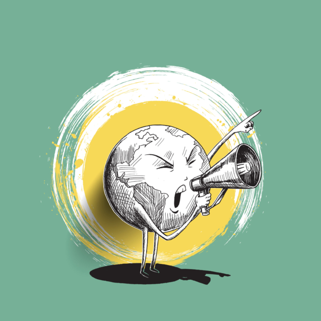 Earth hand holding megaphone. Concept for social networks, promotion and advertising. hand draw sketch design vector illustration.