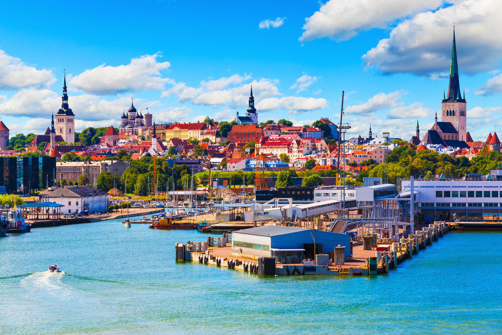 Aparece una foto bonita de la ciudad europea de Tallín vista desde el muelle.