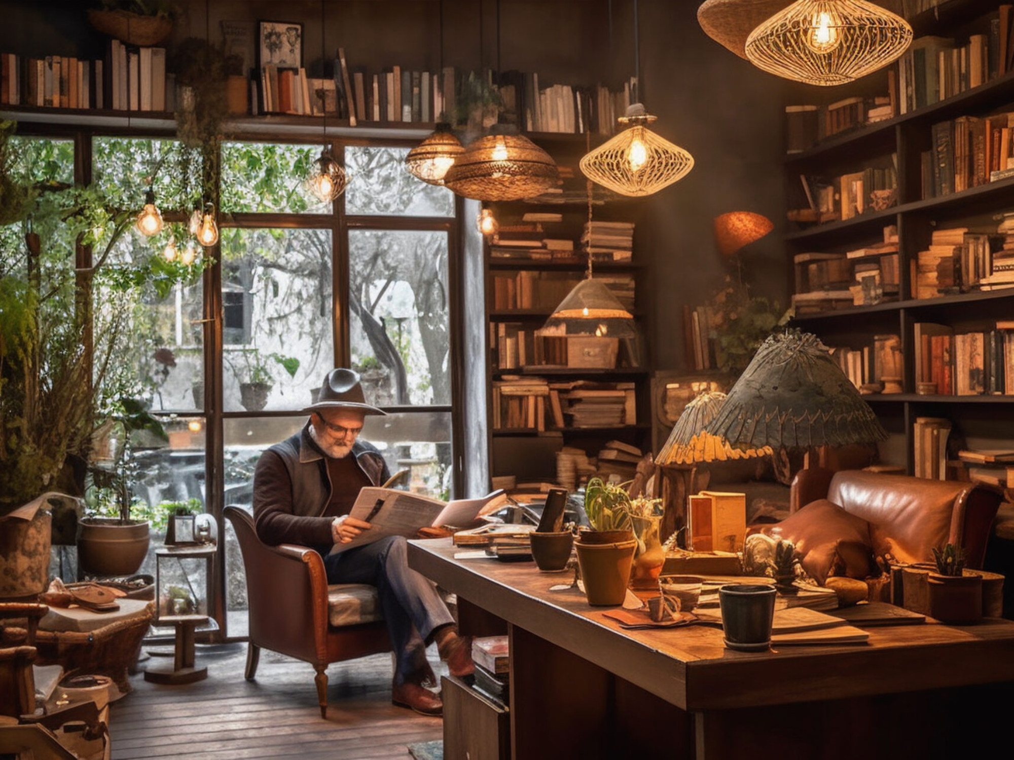 Cozy coffee shop with vintage decor, wooden furniture, shelves filled with books, soft lighting. Generative ai.