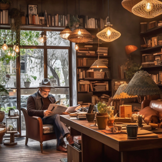 Cozy coffee shop with vintage decor, wooden furniture, shelves filled with books, soft lighting. Generative ai.
