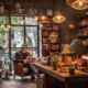 Cozy coffee shop with vintage decor, wooden furniture, shelves filled with books, soft lighting. Generative ai.