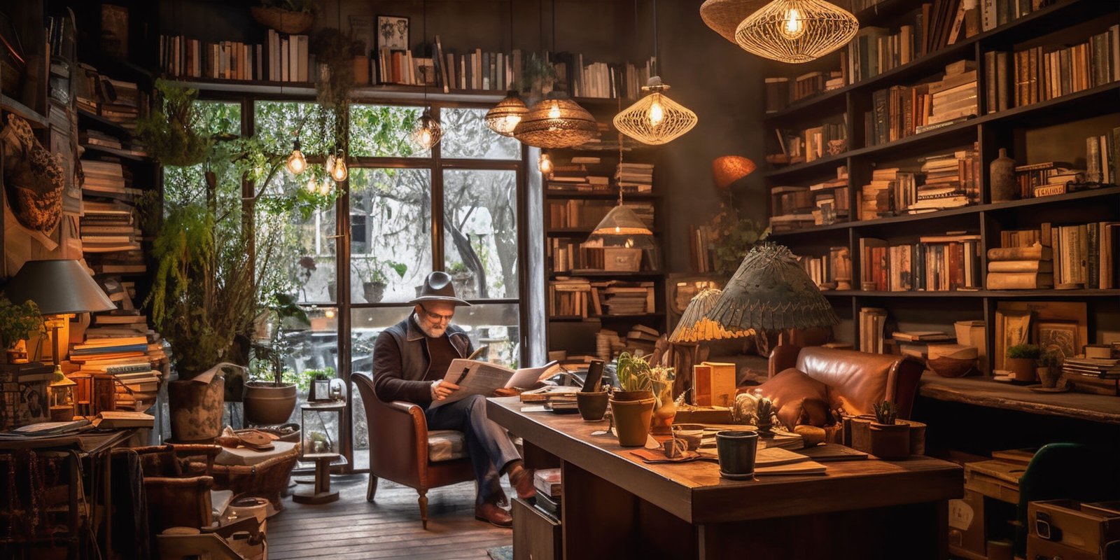 Cozy coffee shop with vintage decor, wooden furniture, shelves filled with books, soft lighting. Generative ai.
