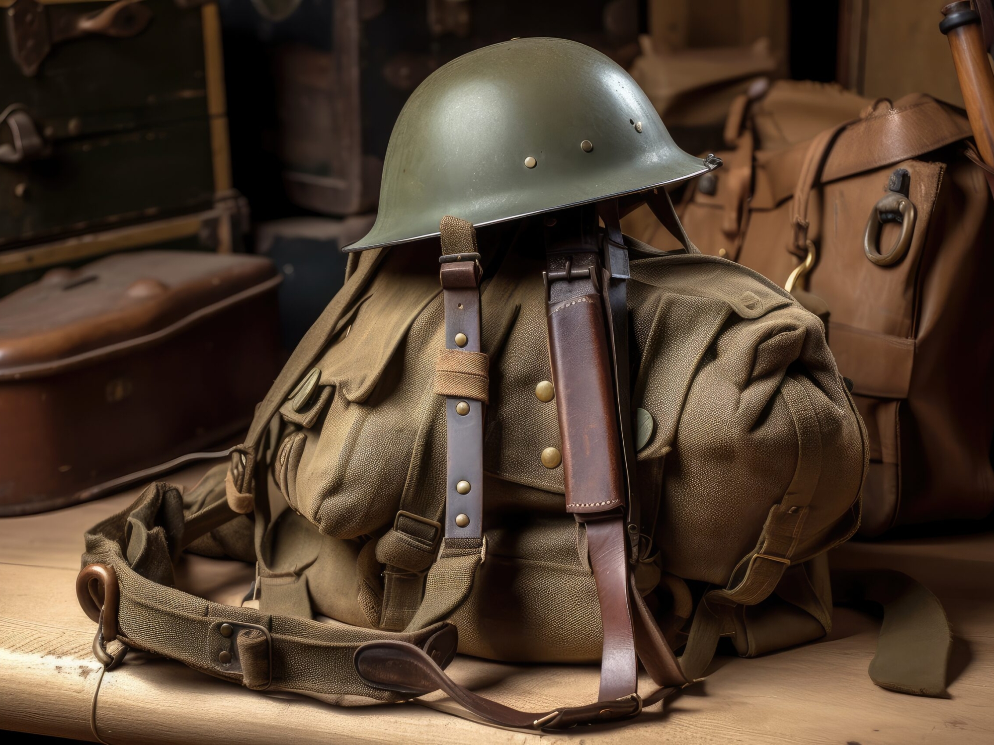 military backpack in historical context, with old-fashioned rifle and helmet, created with generative ai