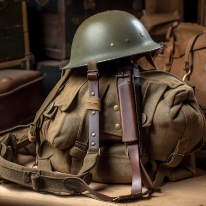 military backpack in historical context, with old-fashioned rifle and helmet, created with generative ai