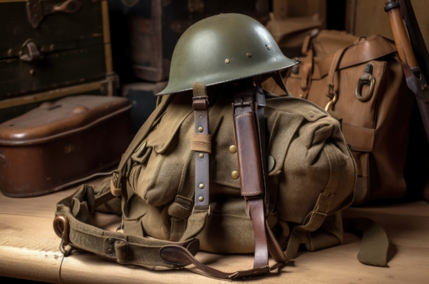 military backpack in historical context, with old-fashioned rifle and helmet, created with generative ai