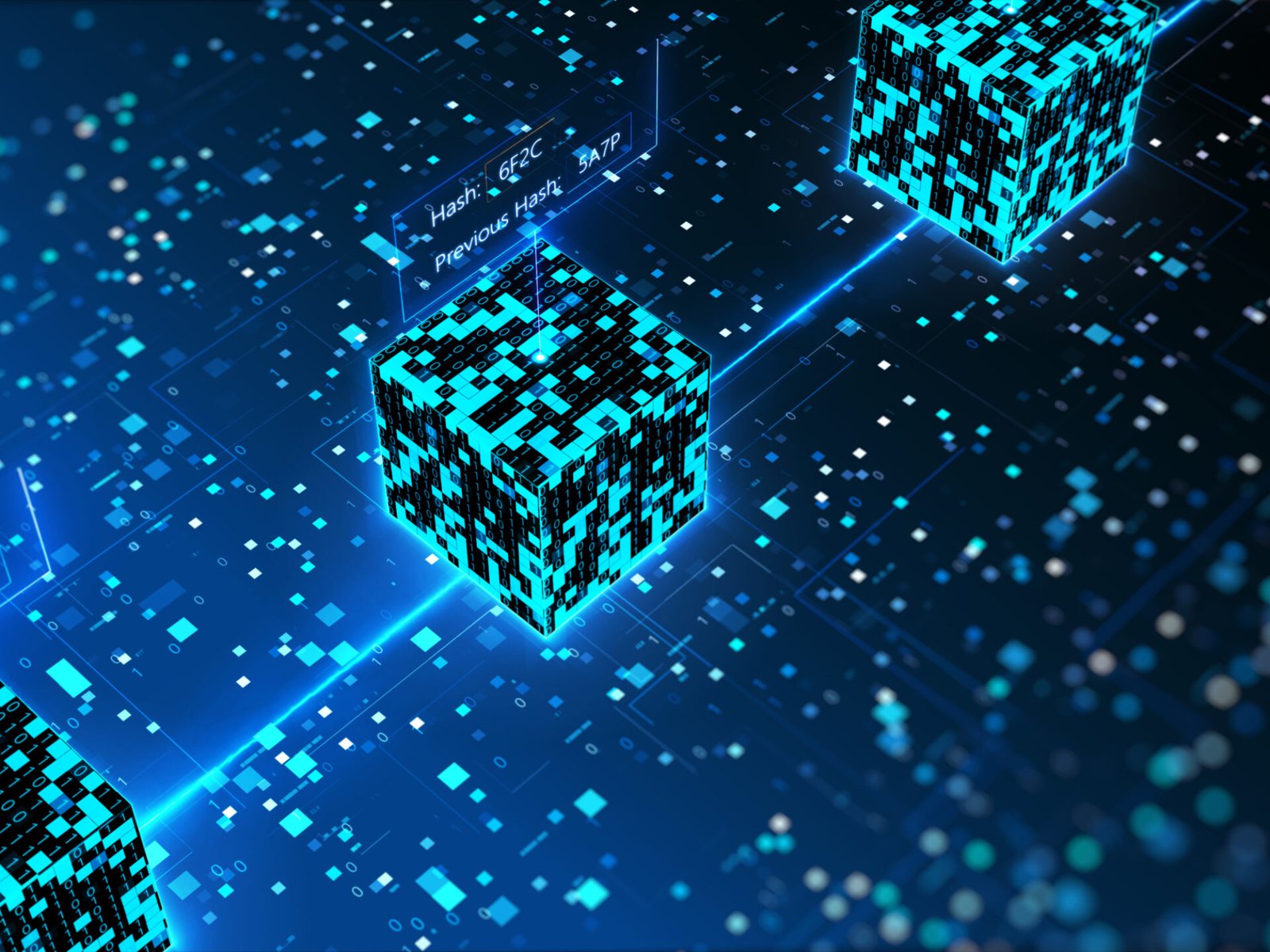 Abstract blockchain technology concept. Internet security. Isometric digital cube connection background.