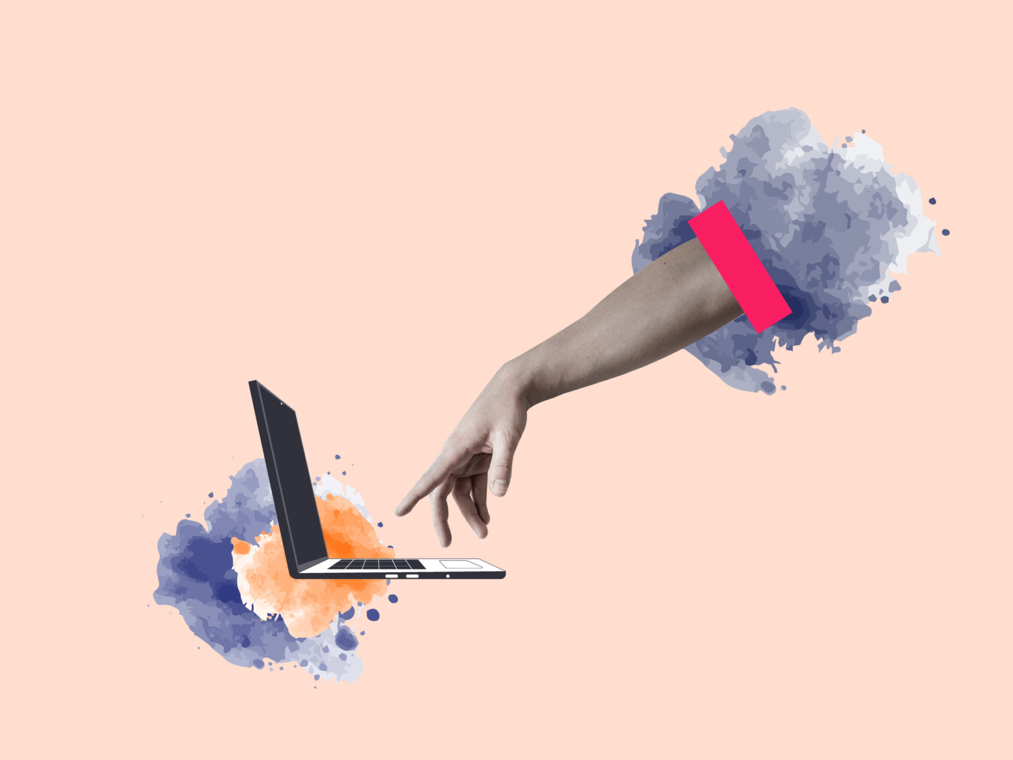 The hand reaches for the button on the laptop. concept of Vintage art collage, Presentation, and message.