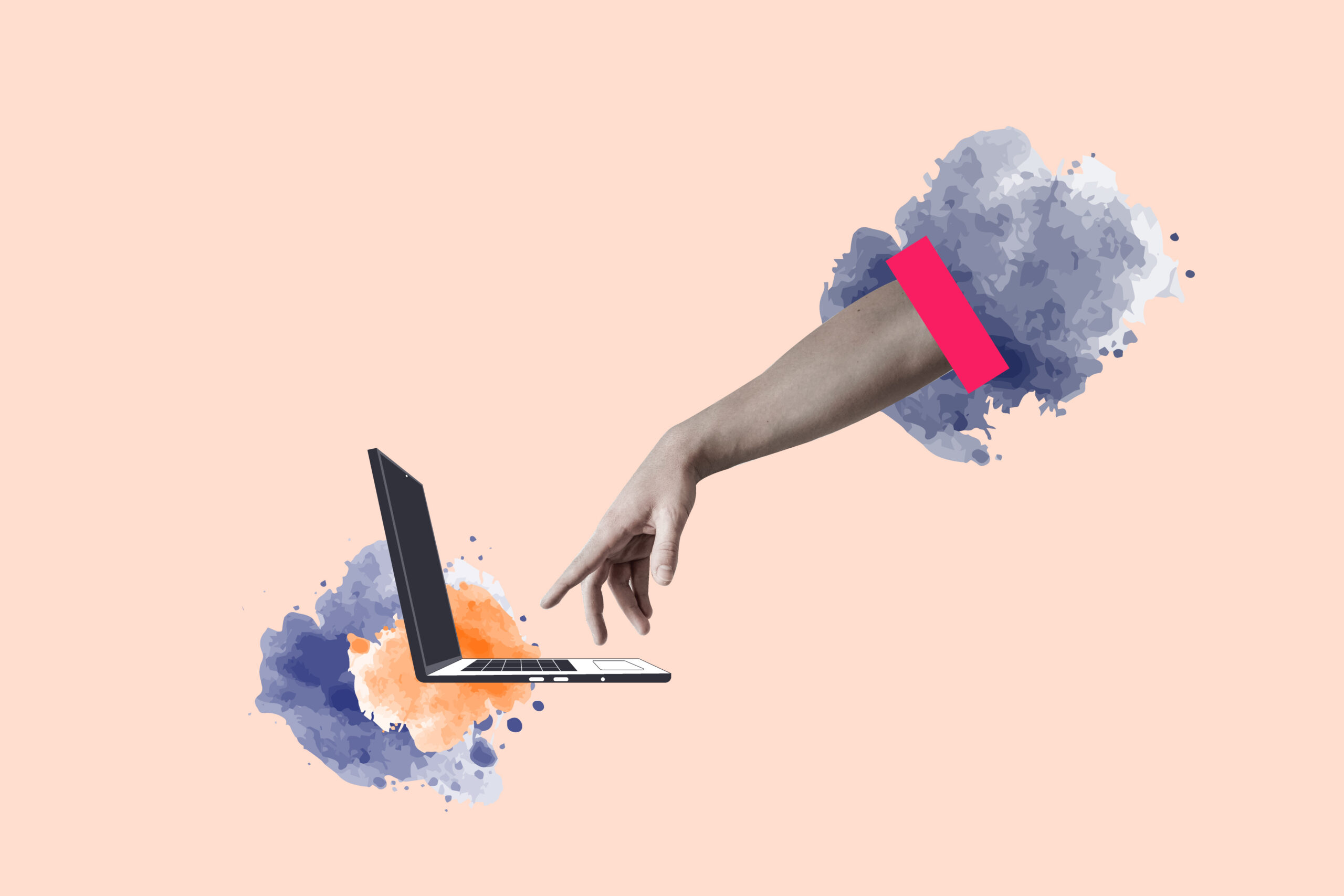 The hand reaches for the button on the laptop. concept of Vintage art collage, Presentation, and message.