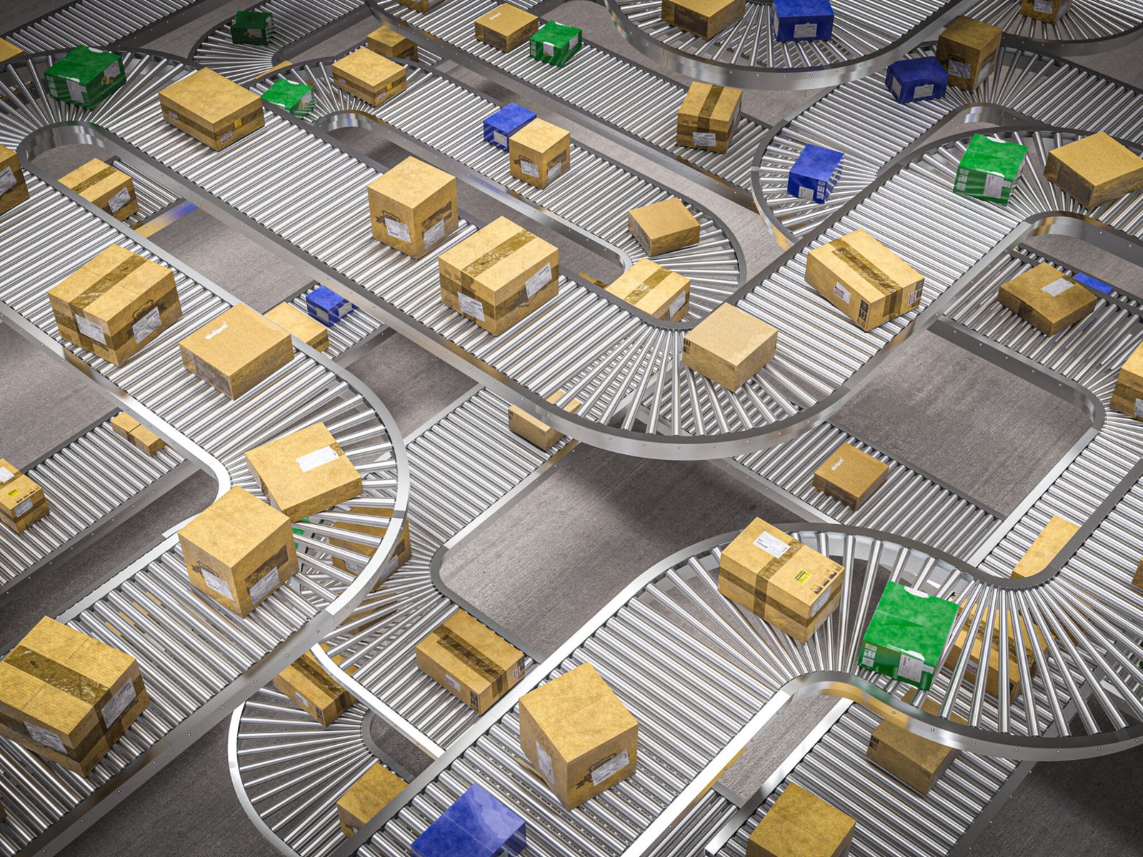 conveyor rollers with different types of packages. Shipping, logistics and manufacturing industry concept. 3d render.