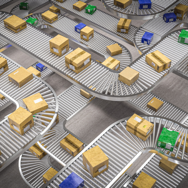 conveyor rollers with different types of packages. Shipping, logistics and manufacturing industry concept. 3d render.