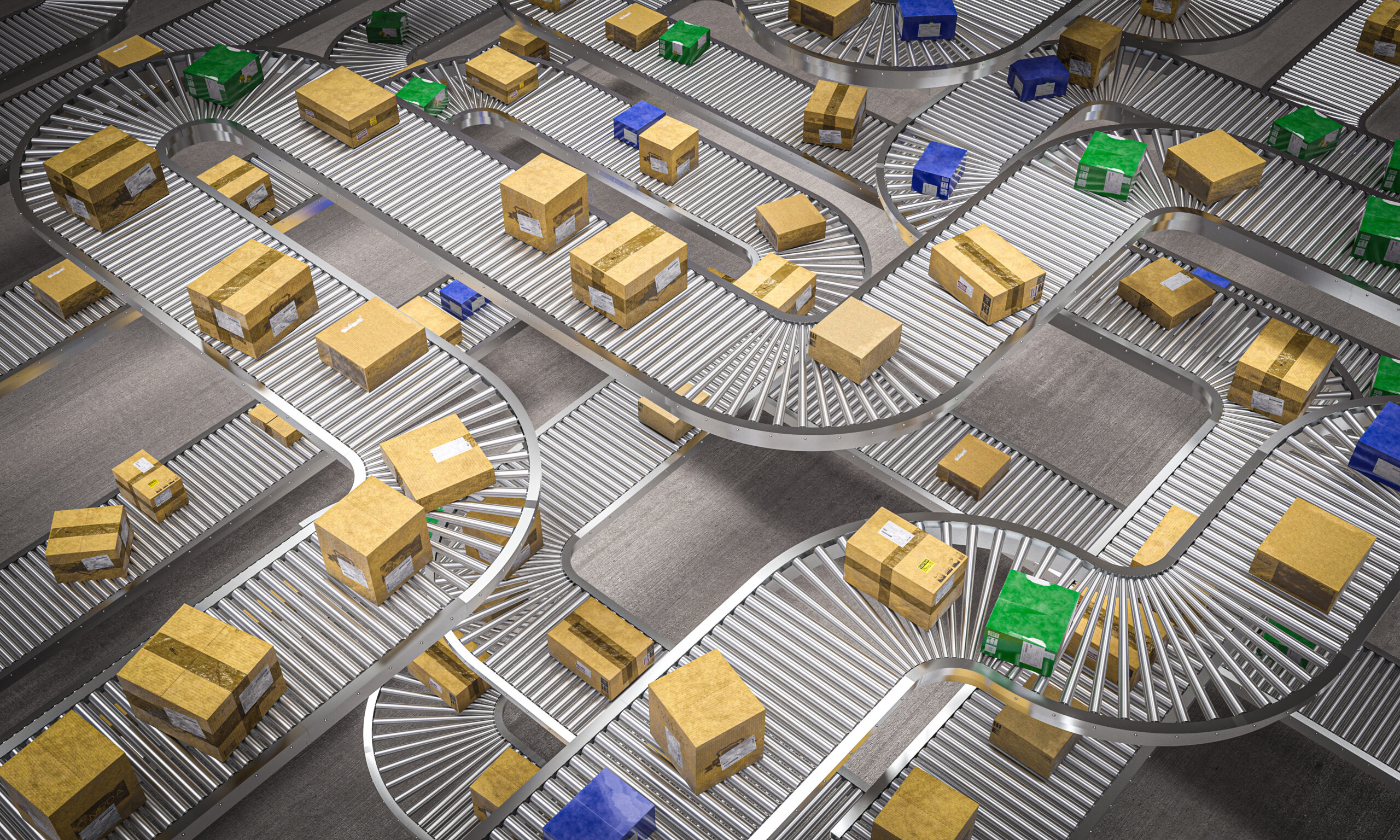 conveyor rollers with different types of packages. Shipping, logistics and manufacturing industry concept. 3d render.