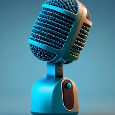 A shiny blue chrome microphone stands alone ,generative artificial intelligence