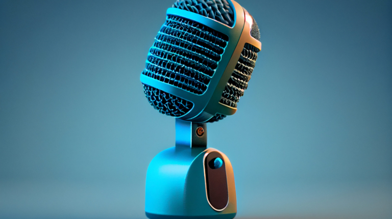 A shiny blue chrome microphone stands alone ,generative artificial intelligence