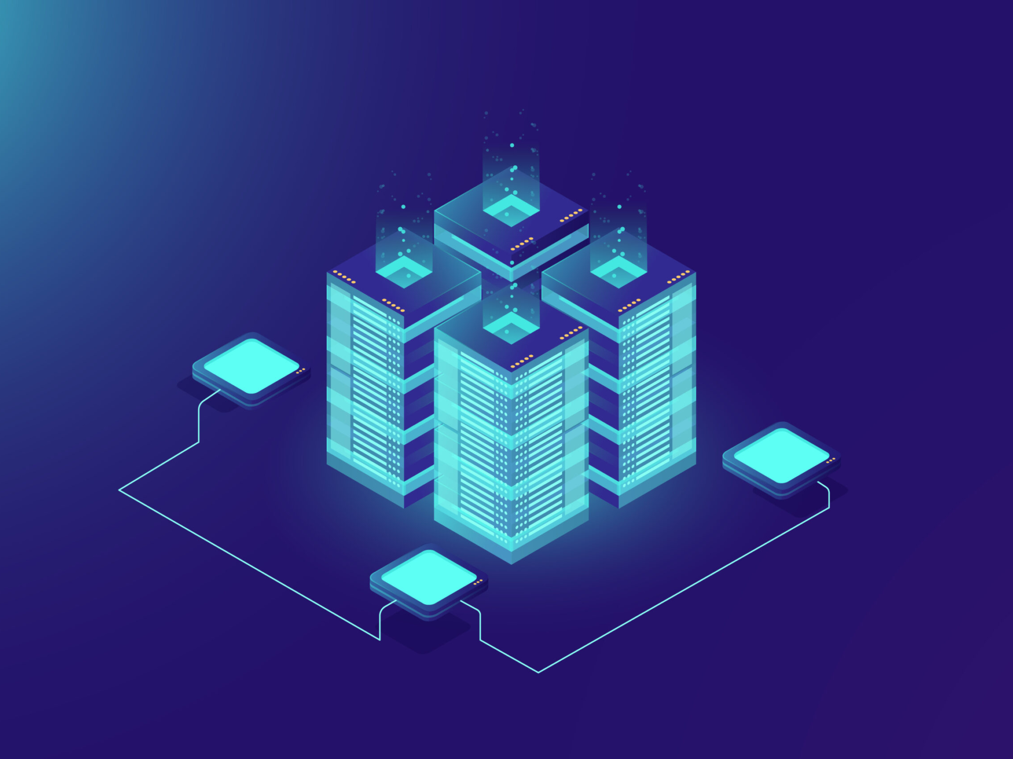 Server room rack, blockchain technology, token api access, data center, cloud storage concept, data exchange protocol illustration, dark neon gradient background