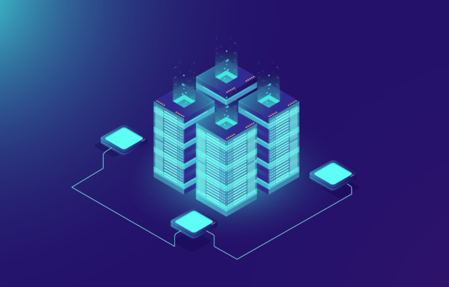 Server room rack, blockchain technology, token api access, data center, cloud storage concept, data exchange protocol illustration, dark neon gradient background