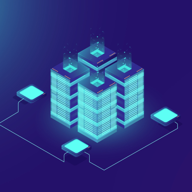 Server room rack, blockchain technology, token api access, data center, cloud storage concept, data exchange protocol illustration, dark neon gradient background