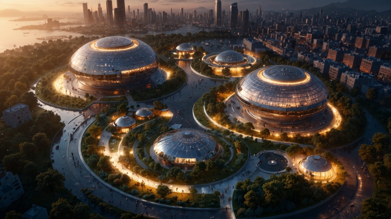 Vista aérea nocturna hiperrealista de una ciudad consciente y sostenible futurista, con edificios domo iluminados, espacios verdes, canales y skyline urbano al fondo.