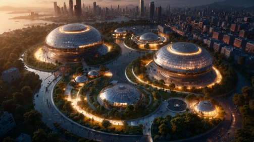 Vista aérea nocturna hiperrealista de una ciudad consciente y sostenible futurista, con edificios domo iluminados, espacios verdes, canales y skyline urbano al fondo.