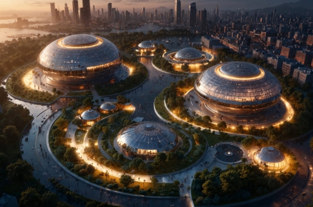 Vista aérea nocturna hiperrealista de una ciudad consciente y sostenible futurista, con edificios domo iluminados, espacios verdes, canales y skyline urbano al fondo.