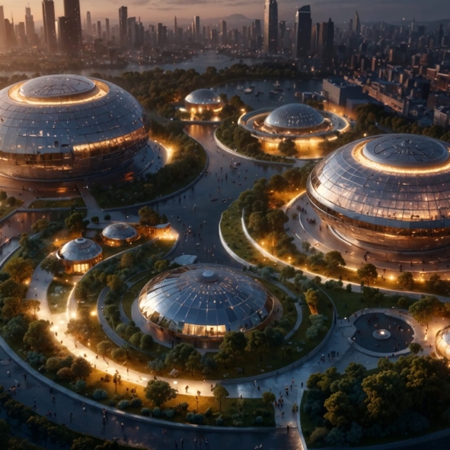 Vista aérea nocturna hiperrealista de una ciudad consciente y sostenible futurista, con edificios domo iluminados, espacios verdes, canales y skyline urbano al fondo.