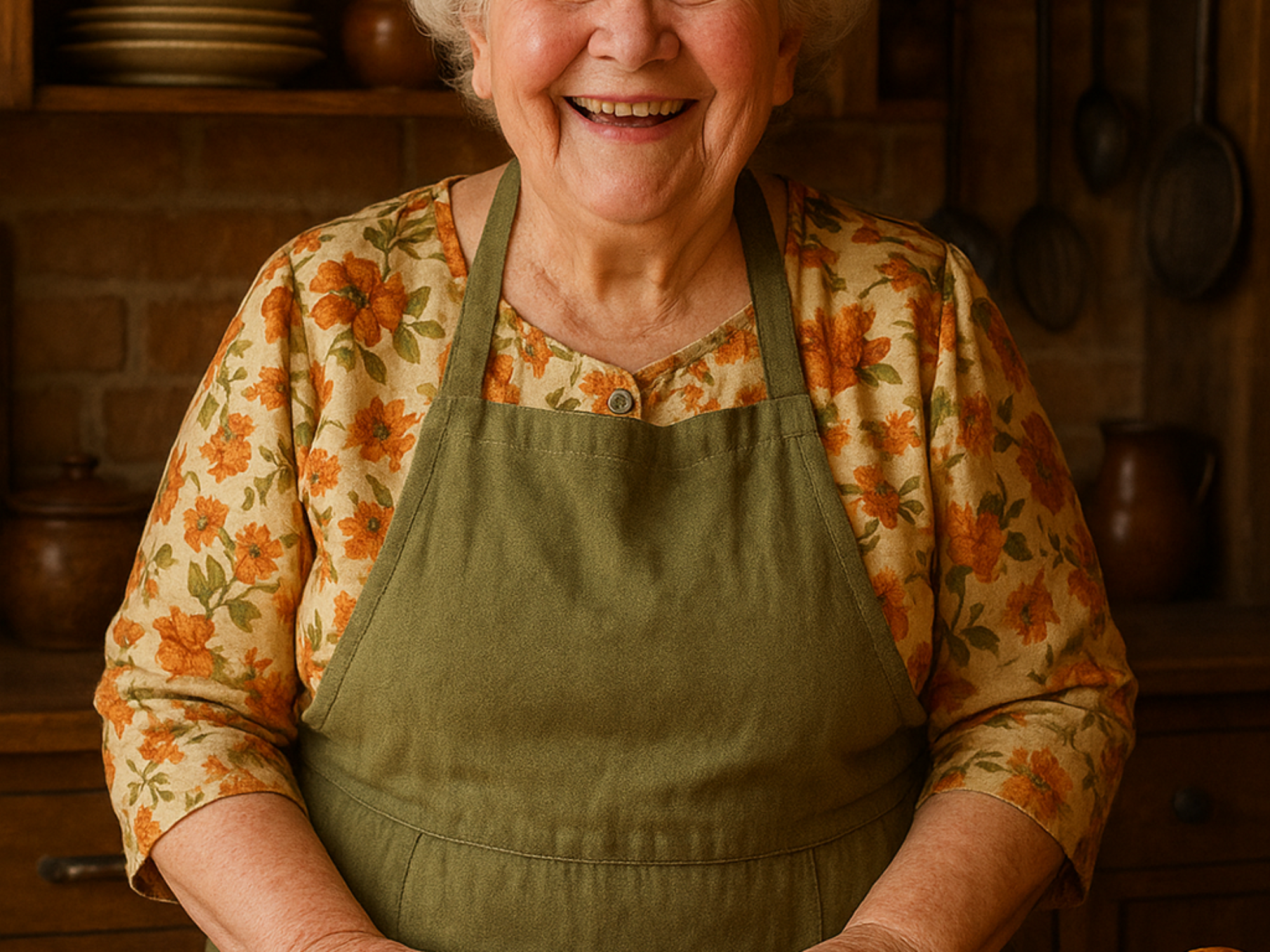 Mujer sonriente en cocina rústica