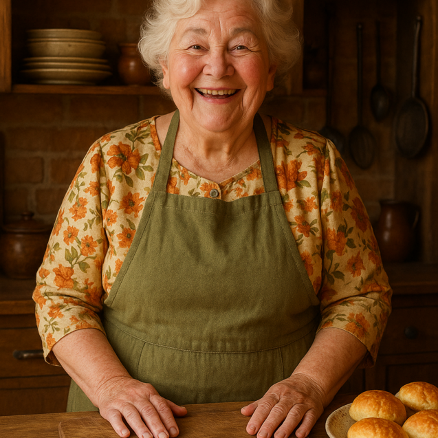 Mujer sonriente en cocina rústica