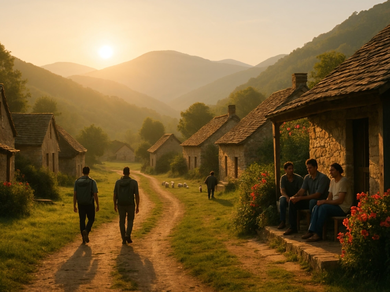 Dos viajeros caminan por un sendero rural entre casas de piedra mientras una familia local charla en el porche al amanecer, en un entorno natural y sostenible.