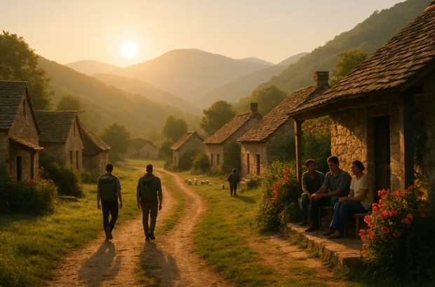 Dos viajeros caminan por un sendero rural entre casas de piedra mientras una familia local charla en el porche al amanecer, en un entorno natural y sostenible.