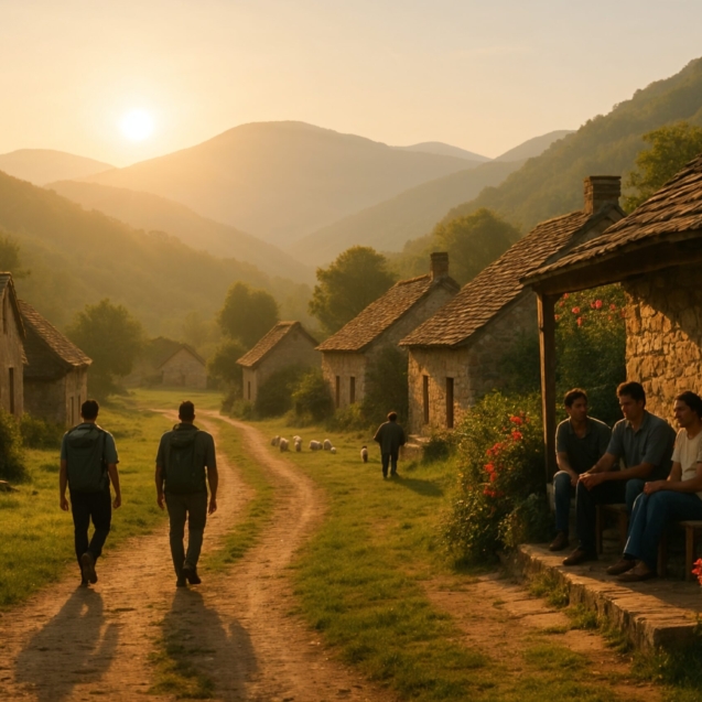 Dos viajeros caminan por un sendero rural entre casas de piedra mientras una familia local charla en el porche al amanecer, en un entorno natural y sostenible.