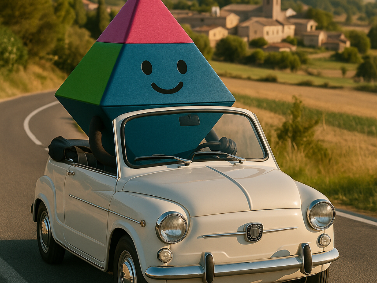 Pirámide colorida en coche clásico