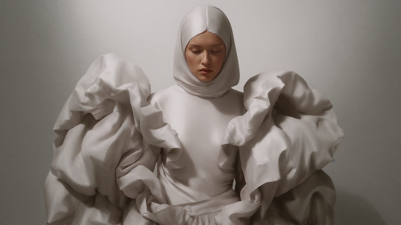 Mujer vestida con un diseño escultórico blanco, símbolo de la fusión entre arte, moda e inteligencia artificial, creado por VEIA VISUALS para representar la belleza emocional del marketing con valores.