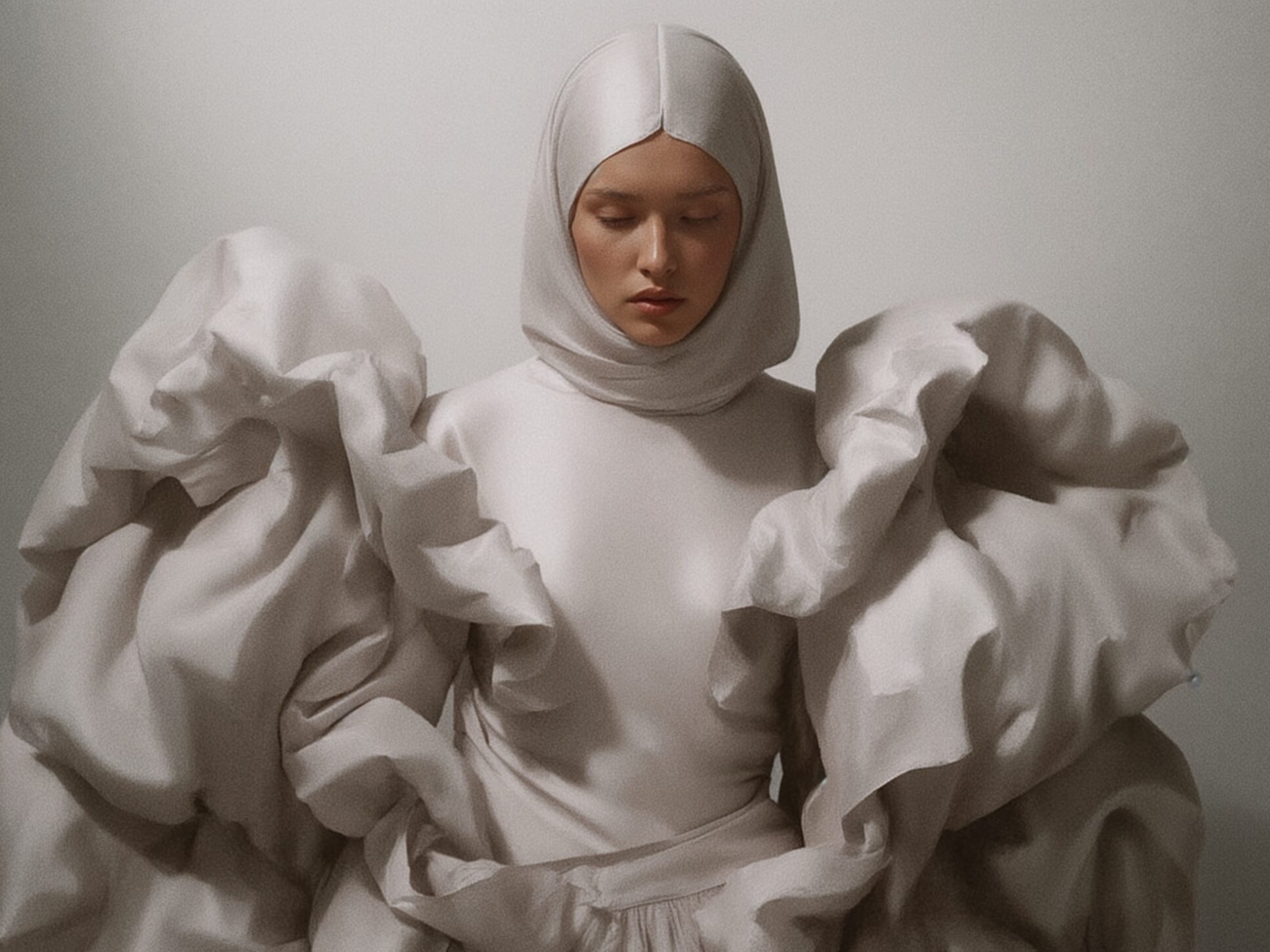 Mujer vestida con un diseño escultórico blanco, símbolo de la fusión entre arte, moda e inteligencia artificial, creado por VEIA VISUALS para representar la belleza emocional del marketing con valores.