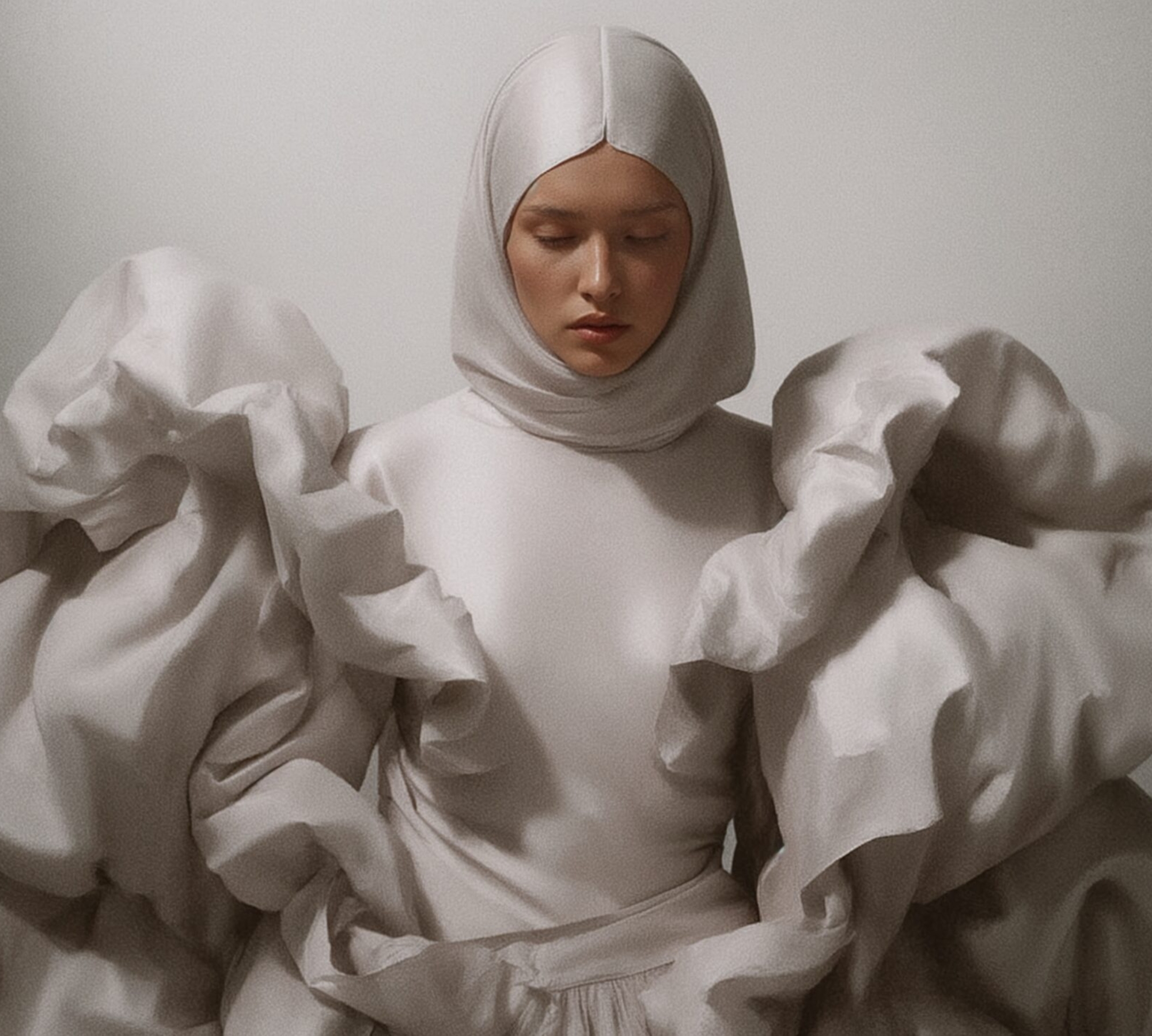 Mujer vestida con un diseño escultórico blanco, símbolo de la fusión entre arte, moda e inteligencia artificial, creado por VEIA VISUALS para representar la belleza emocional del marketing con valores.