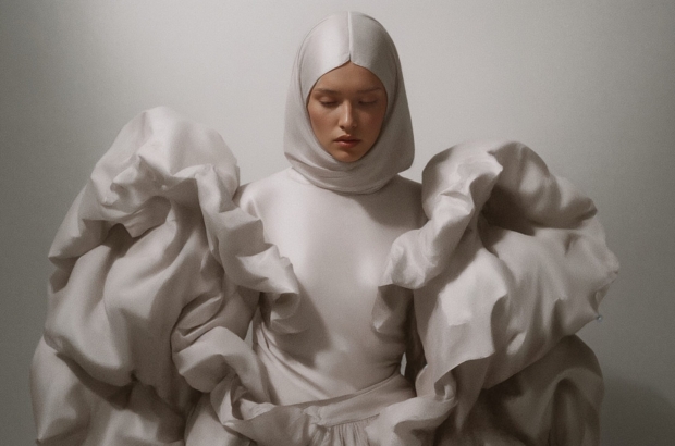 Mujer vestida con un diseño escultórico blanco, símbolo de la fusión entre arte, moda e inteligencia artificial, creado por VEIA VISUALS para representar la belleza emocional del marketing con valores.