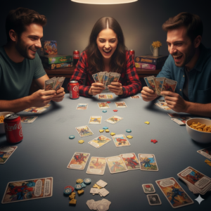 Ilustración colorida del juego de mesa Caos en la Ciudad, mostrando una partida entre héroes, villanos y humanos en una batalla urbana llena de acción, estrategia y caos.